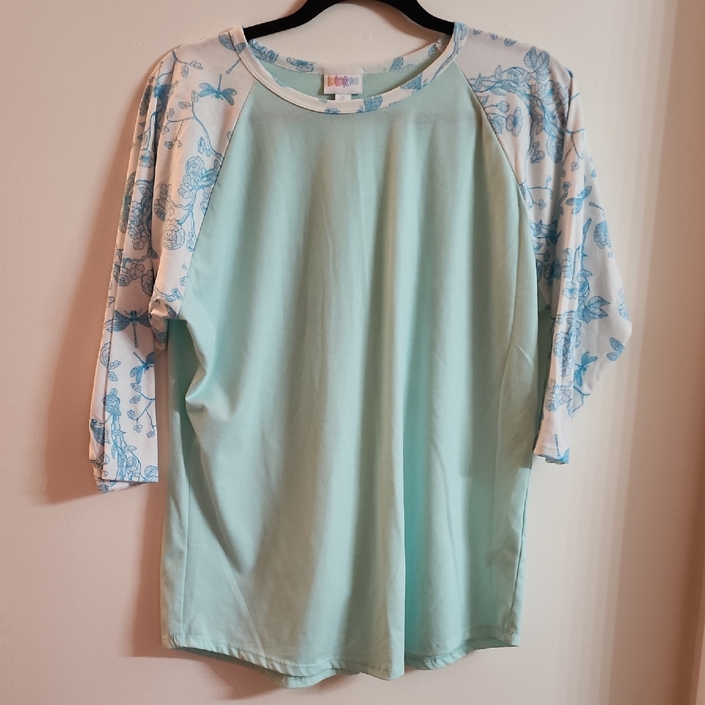 LuLaRoe Light Green w/Blue and White Baseball Style Sleeve Top
